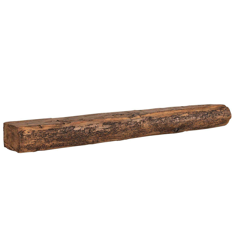 Live edge Cumberland mantel shelf with non-combustible fieldstone finish and rustic wood beam design
