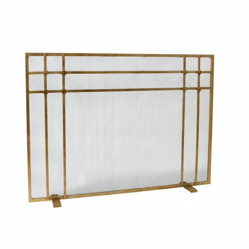 Custom Design Free Standing Fireplace Screen / Vintage Brass / Modern Feet / 63" W x 34" H