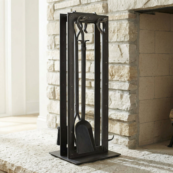 Modern fireplace tool set with freestanding stand in black laser-cut steel, available in 21 finish colors