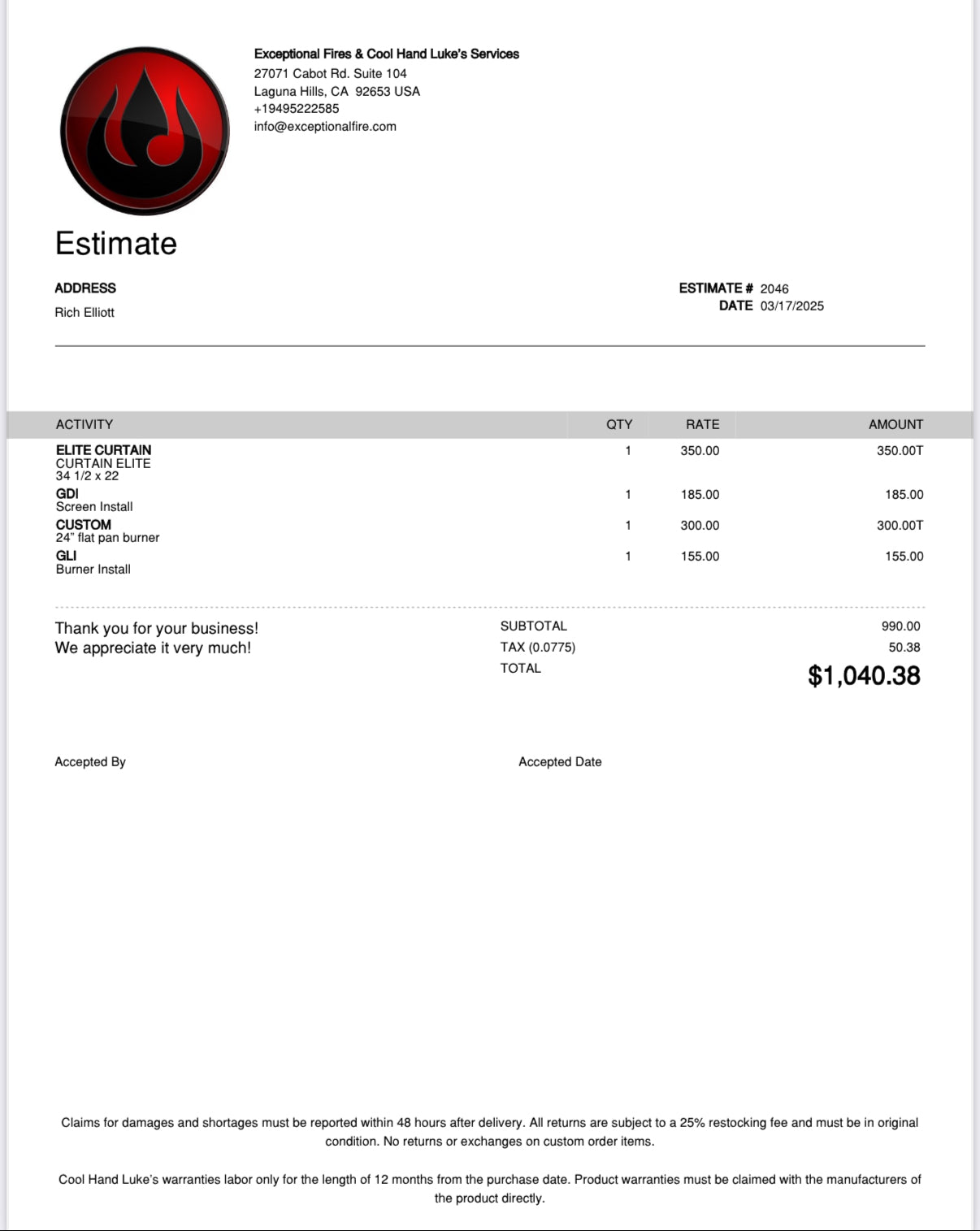 Deposit 50% - Estimate 2046 - ExceptionalFire