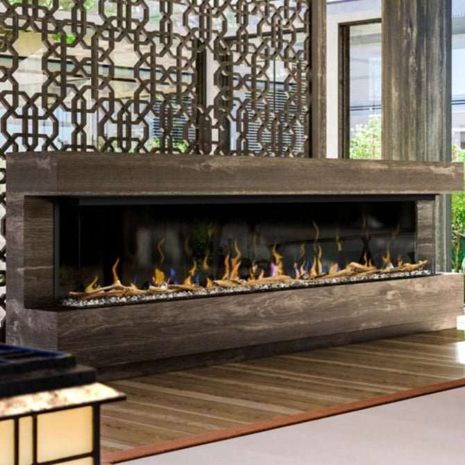 Dimplex IgniteXL Bold 100" smart linear electric fireplace with multi-side view and customizable flame effects