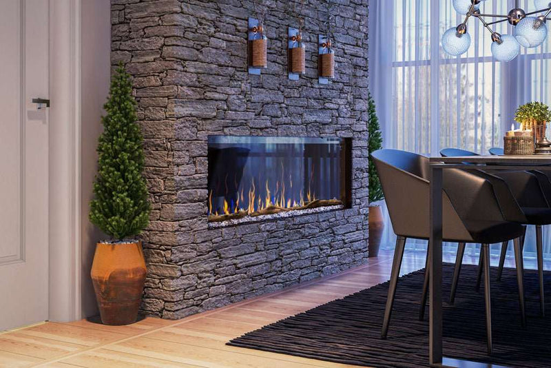 Dimplex IgniteXL Bold 60" built-in electric fireplace with multi-sided panoramic view and realistic flames