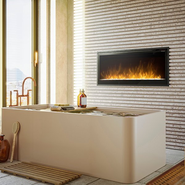 Dimplex Multi-Fire Slim 42-inch recessed electric fireplace with Multi-Fire XHD flame effect and smart controls