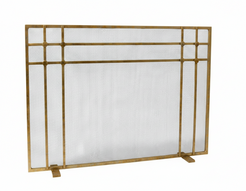 Custom Design Free Standing Fireplace Screen / Vintage Brass / Modern Feet / 63" W x 34" H