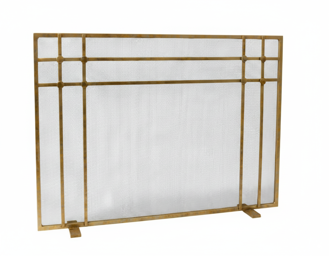 Custom Design Free Standing Fireplace Screen / Vintage Brass / Modern Feet / 63" W x 34" H