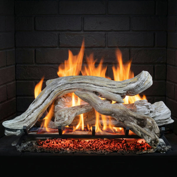 30" Country Split Vented Gas Log Set with realistic ceramic driftwood logs and glowing embers for single-sided fireplaces