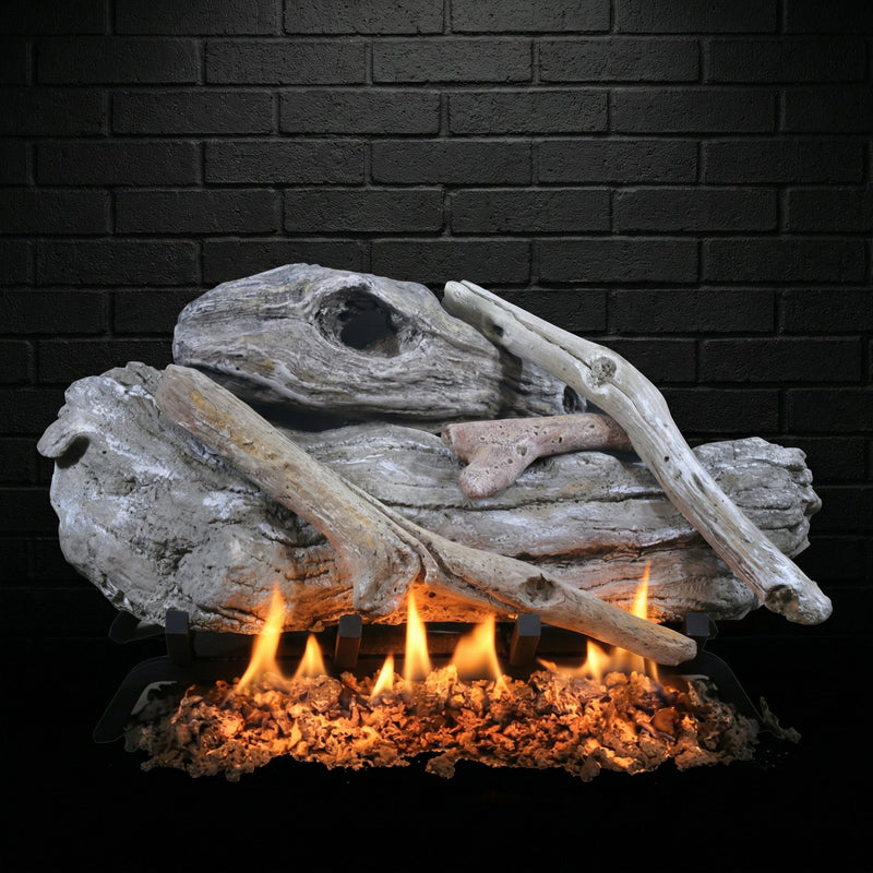 24" Driftwood Gas Log Set with vented ceramic logs and glowing embers for single-sided fireplaces