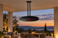 AI-generated outdoor design inspiration featuring black Eclipse Pendant with twin-pole suspension. Confirm selected model dimensions and finish.