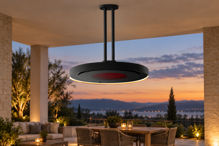 AI-generated outdoor design inspiration featuring black Eclipse Pendant with twin-pole suspension. Confirm selected model dimensions and finish.