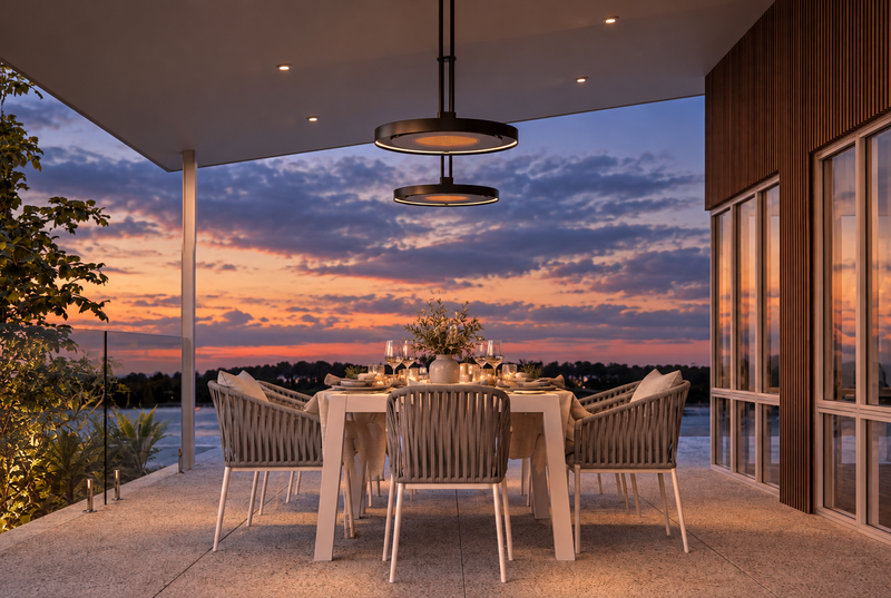 Eclipse pendant — AI-styled evening setting based on manufacturer imagery; installation inspiration, accessories and additional heaters separate.