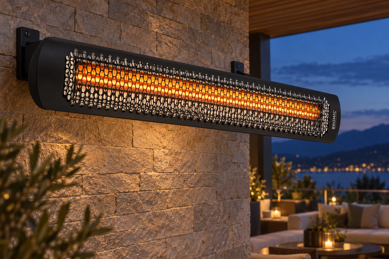 AI-generated outdoor design inspiration featuring a black single-element Tungsten Electric 2000W family example. Confirm selected model dimensions and finish.