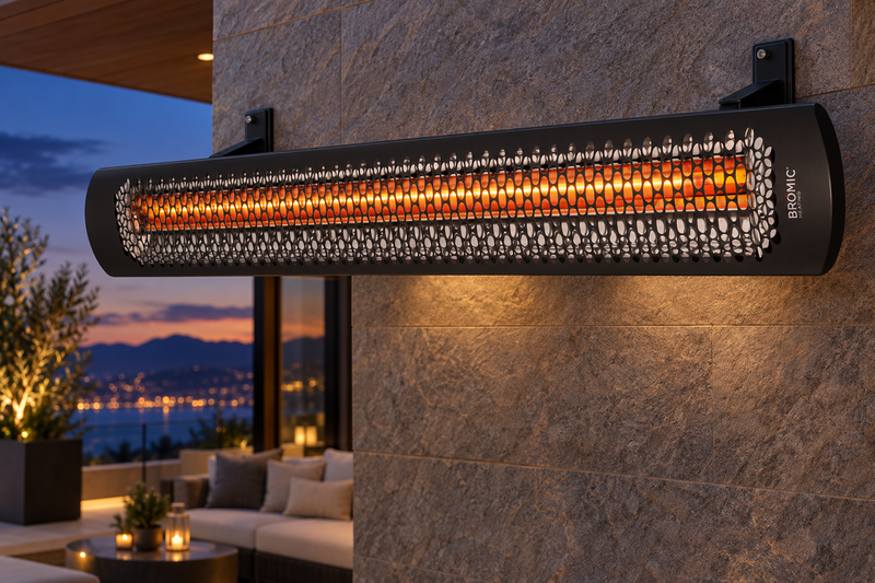 AI-generated outdoor design inspiration featuring a black single-element Tungsten Electric 3000W family example. Confirm selected model dimensions and finish.