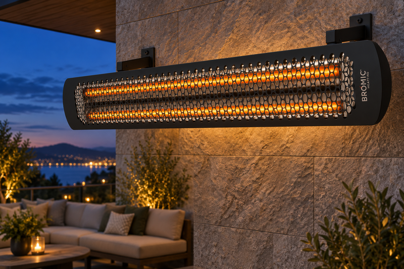 AI-generated outdoor design inspiration featuring a black double-element Tungsten Electric 4000W family example. Confirm selected model dimensions and finish.