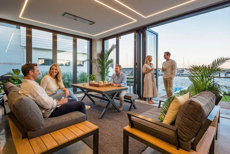 Bromic Platinum Electric Marine heater recessed above a waterfront lounge with an open marina view. Manufacturer installation inspiration; accessories shown sold separately.