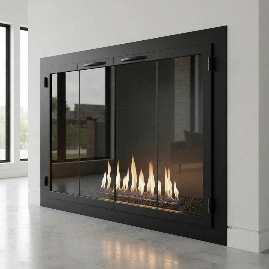 Carolina Steel Door /  Inside Fit / Width: 58 1/6”  Height: 39 3/8” /  Frame width: 1 ½” / Flush Fit Design / Eight Pane Design / Bi-fold Doors / Handle: Square / Finish: Matte Black / Glass: Clear/ Black mesh curtain/ Draft Control system