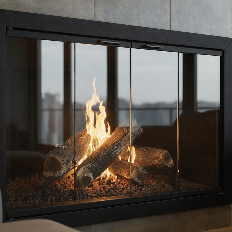 BROOKFIELD MASONRY/ FLUSH HEARTH/ OVERLAP/ 48 1/8" W X 31 1/8" H // FINISH: MATTE BLACK/ BIFOLD/ CLEAR GLASS/ MODERN HANDLE/ BLACK MESH CURTAIN / DRAFT CONTROL