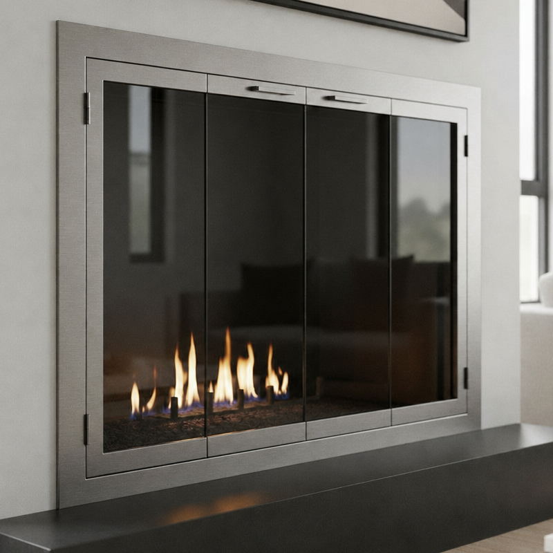 Carolina Fireplace Doors / Zero Clearance / Opening: 38" x 21" / 3/4" Overlap / Modern Handle / Twin Gate Mesh / Satin Nickel