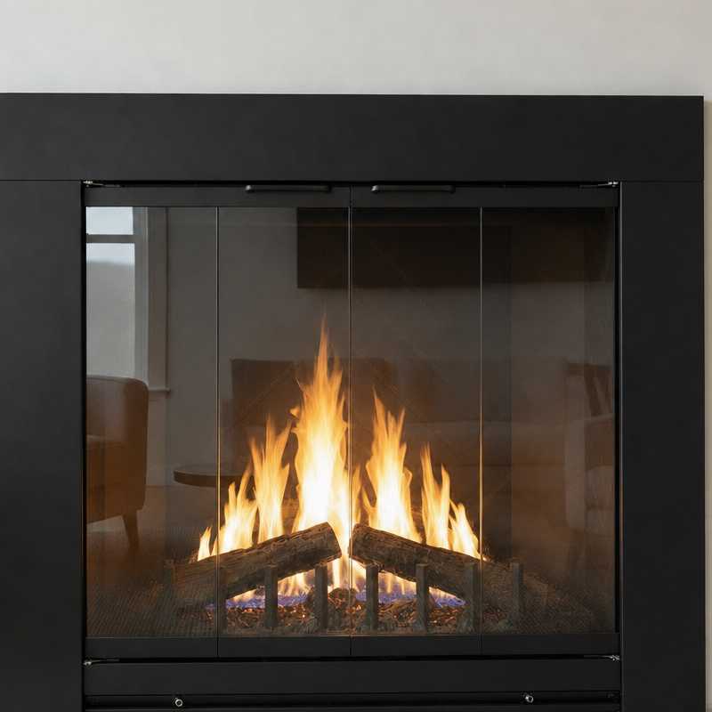 GRANDE FLAT BLACK MASONRY FIREPLACE DOOR //  32" W x 21 1/4" H // OVERLAP // BI-FOLD DOORS // MODERN HANDLES // MATTE BLACK FINISH // CLEAR GLASS // BLACK MESH CURTAIN