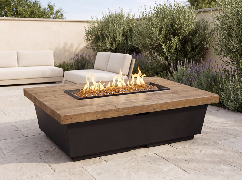 French Barrel Oak Contempo Rectangle Firetable — outdoor setting