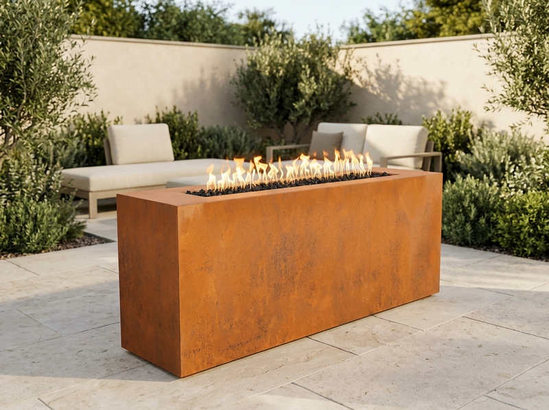 Carmen Rectangle Corten Steel Fire Pit Table | The Outdoor Plus — outdoor setting
