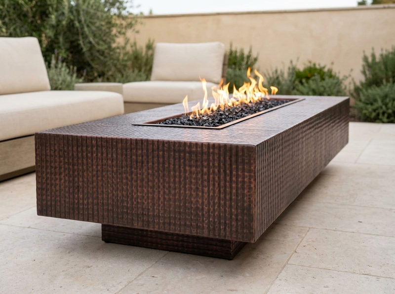 Cabo Linear Hammered Rectangle Copper Fire Pit Table | TOP — alternate view