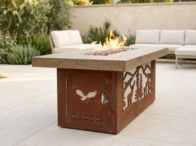 Outback Deer Country Rectangle Corten Steel Fire Pit Table | TOP — alternate view