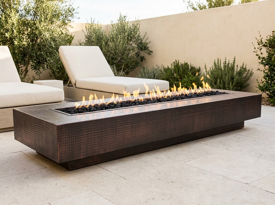 Coronado Hammered Rectangle Copper Fire Pit Table