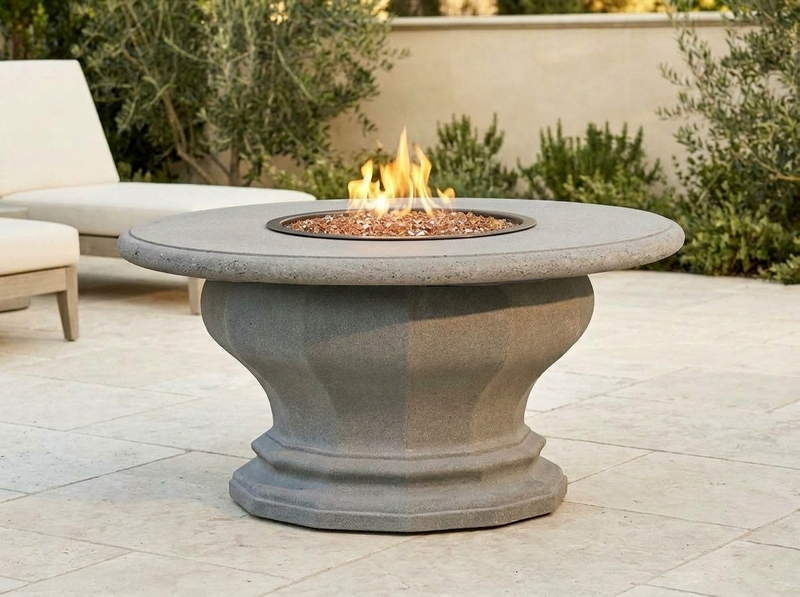 American Fyre Designs 48" Inverted Round Gas Fire Table with Concrete Top — outdoor setting
