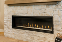 Montigo Delray 60" Direct Vent Linear Gas Fireplace - Model Delray 60 — room setting. AI-assisted visualization; shown fronts, liners, media and surroundings may be optional.
