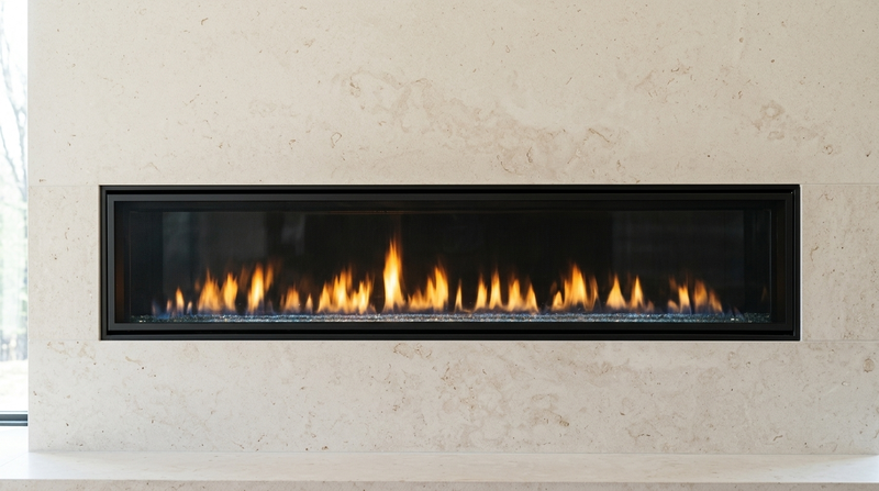 Majestic Echelon II 72" Direct Vent Linear Gas Fireplace — room setting. AI-assisted visualization; shown fronts, liners, media and surroundings may be optional.