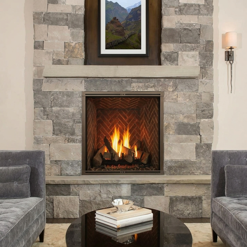 MARQ42IN-B — bronze Firescreen front, ember lights, traditional brown brick and exact layered oak log arrangement. Depicted accessories are optional; no claim that every option is included. AI-assisted editorial visualization preserving the manufacturer-photographed installation. Installation must follow the actual supplied manual.
