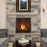MARQ42IN-B — bronze Firescreen front, ember lights, traditional brown brick and exact layered oak log arrangement. Depicted accessories are optional; no claim that every option is included. AI-assisted editorial visualization preserving the manufacturer-photographed installation. Installation must follow the actual supplied manual.