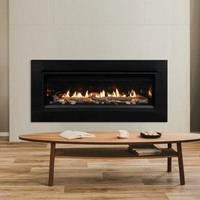 Superior DRL3555. Shown with optional black porcelain liner, driftwood logs, river rocks and wide black surround. AI-assisted editorial visualization preserving the manufacturer-photographed installation. Optional accessories are not represented as included in the base price. Installation must follow the supplied model-specific manual.