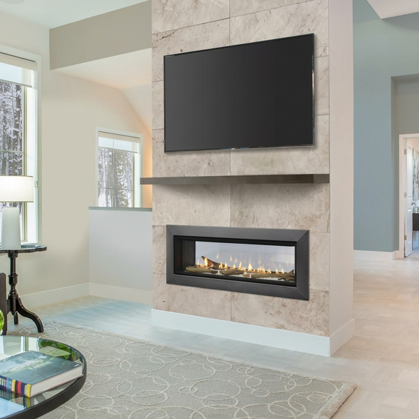 ECHEL48STIN-C — 48-inch see-through linear gas front, fine mesh, original media and transparent opposite-side sight line. Depicted accessories are optional; no claim that every option is included. AI-assisted editorial visualization preserving the manufacturer-photographed installation. Installation must follow the actual supplied manual.