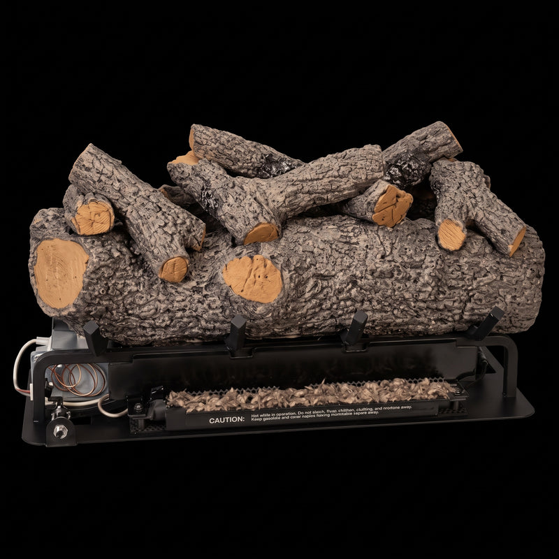 Real Fyre Meadow Oak SEE-THROUGH 24-inch M9-2-24 on its G9-2 burner — AI-retouched product view based on manufacturer reference; original included