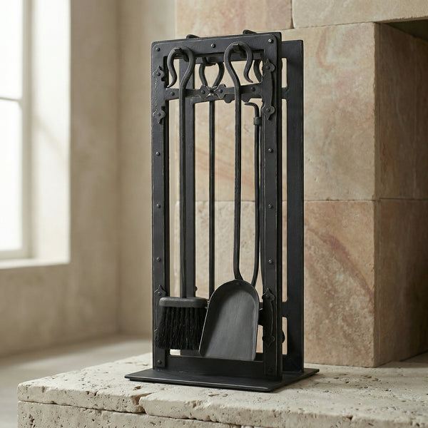 Modern fireplace tool set by Design Specialties with freestanding stand, laser-cut steel, and 21 finish colors