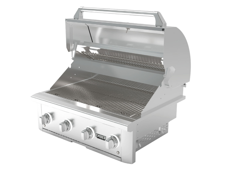 Ember by Wildfire 32-Inch Built-In Gas Grill with Infrared Sear Burner — Stainless steel open-hood view