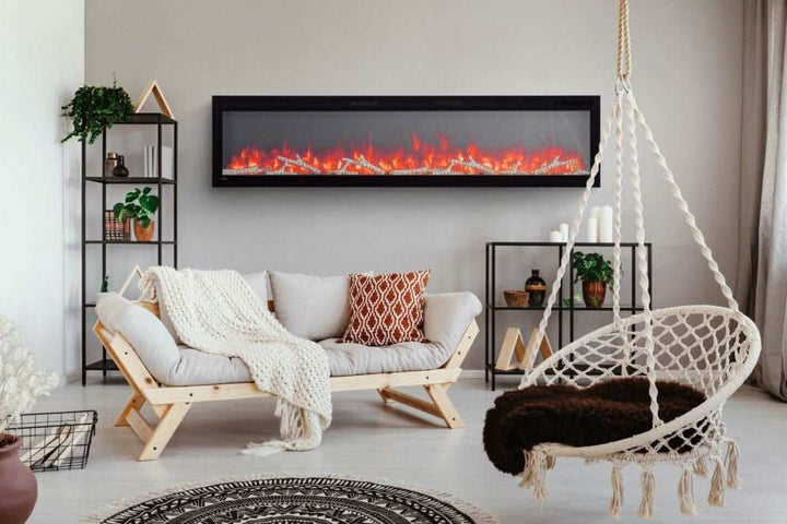 Napoleon Entice 50 wall-hanging electric fireplace with customizable flame colors and crystal-clear cubes in a modern minimalist design