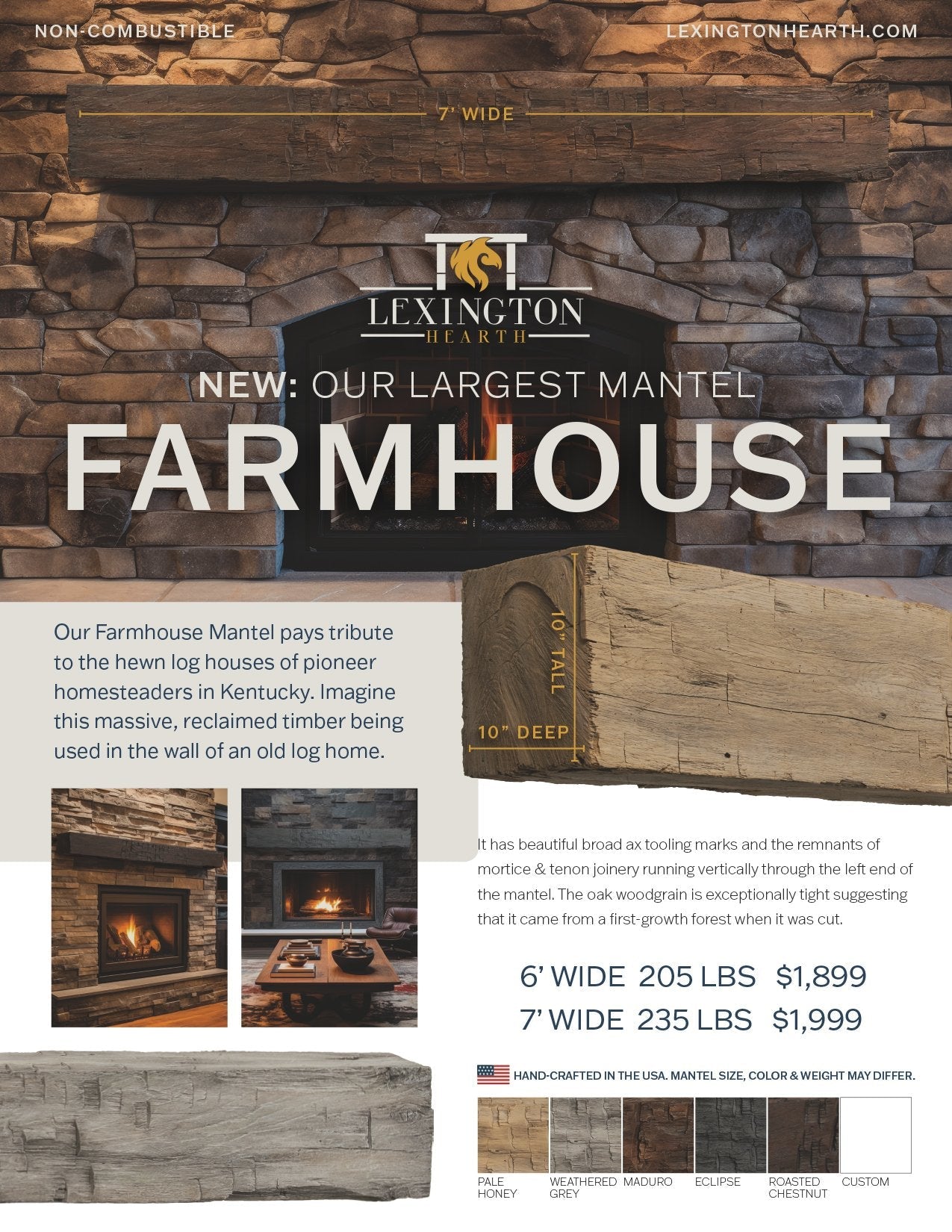 Farmhouse Rustic Concrete Mantel Shelf – Non-Combustible Fireplace Mantel in Roasted Chestnut Finish by Lexington Hearth