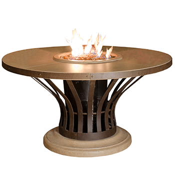 Fiesta Dining Firetable with bronze metal base and bright star burner flame for outdoor dining