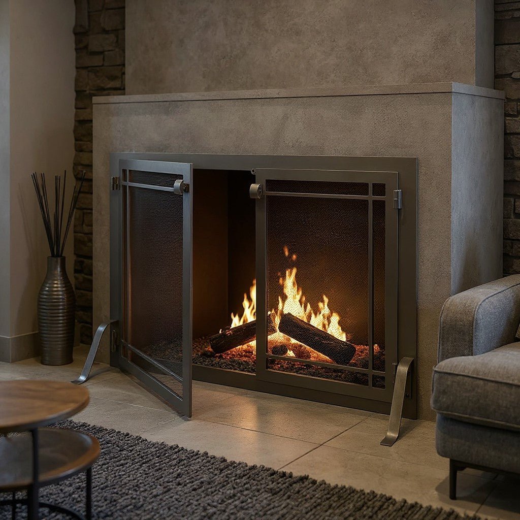Custom fireplace screen with operable doors, solid steel frame, heavy gauge mesh, designed in Wisconsin, 21 finishes available