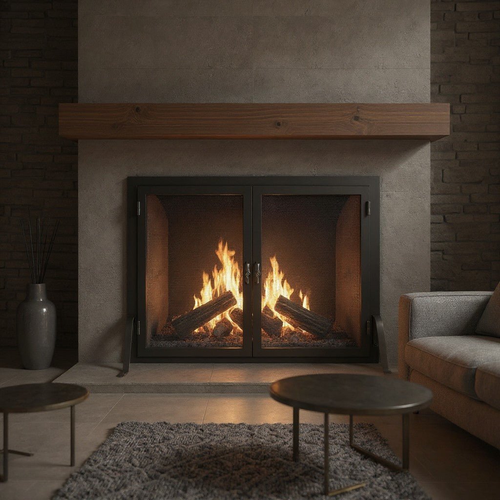 Custom-sized fireplace screen with operable doors in black steel frame, heavy gauge mesh, installed on modern stone fireplace with fire burning inside