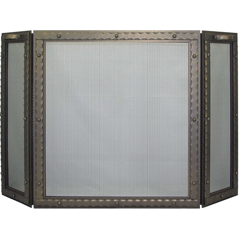 Custom made free standing fireplace triple panel screen with thick steel frame and heavy gauge mesh in bronzed iron