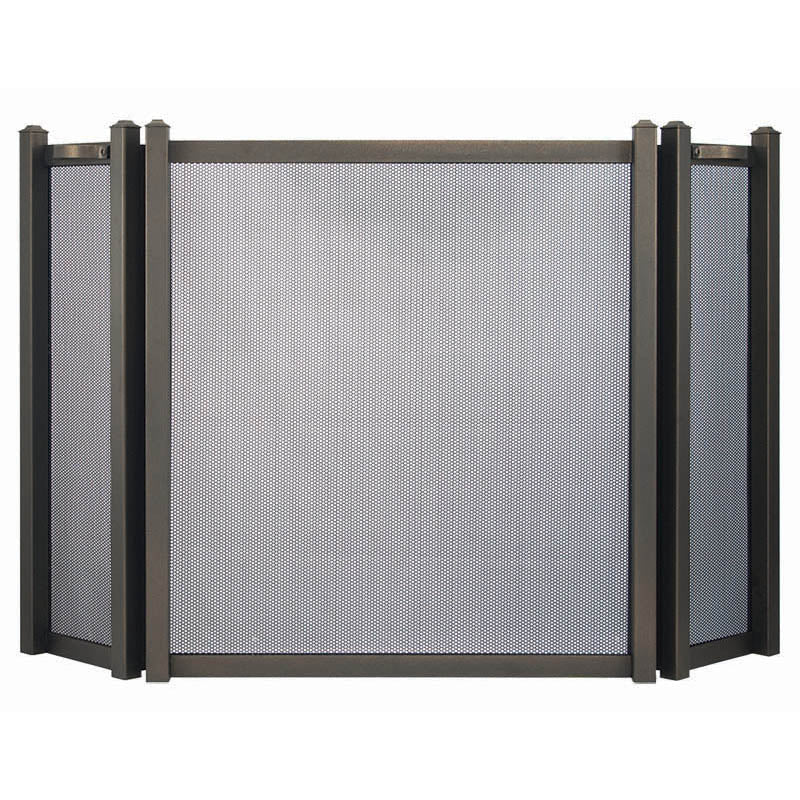Custom free standing fireplace triple panel screen with bronzed iron frame and heavy gauge mesh