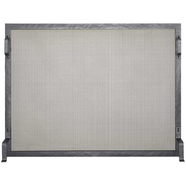 Custom free standing fireplace screen with thick solid steel frame and heavy gauge mesh in charcoal finish