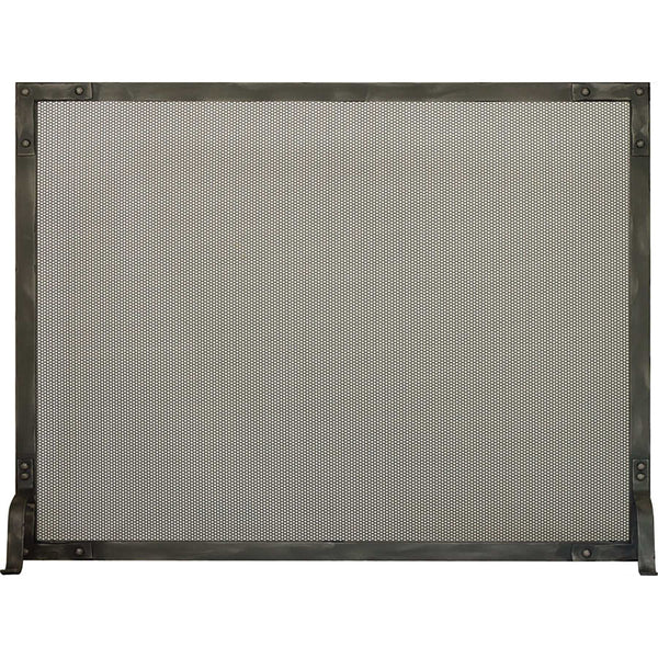 Craftsman Old World free-standing fireplace screen with steel frame, hammered border, scrollwork, and custom finish options