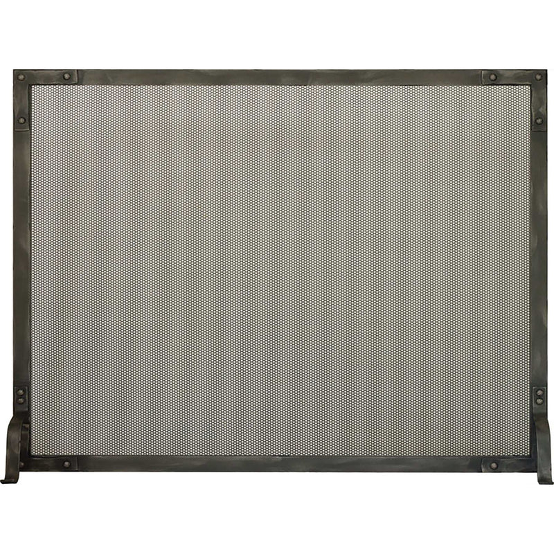 Craftsman Old World free-standing fireplace screen with steel frame, hammered border, scrollwork, and custom finish options