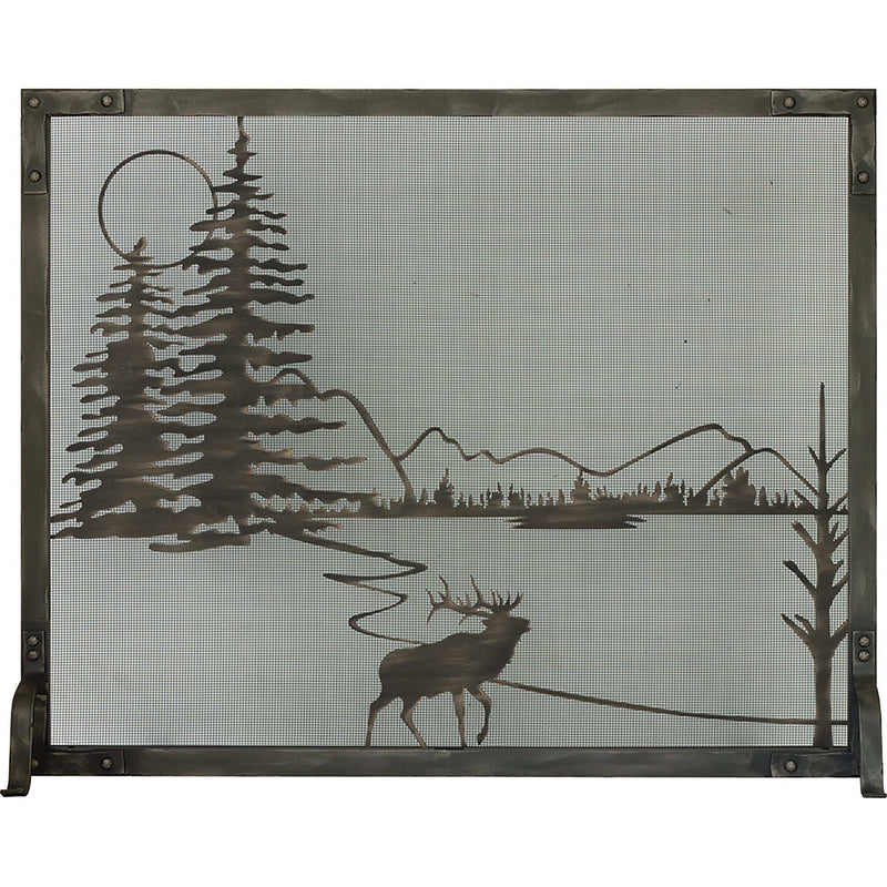 Free standing fireplace screen with burnished bronze frame and burnished copper design, heavy gauge mesh, solid steel frame