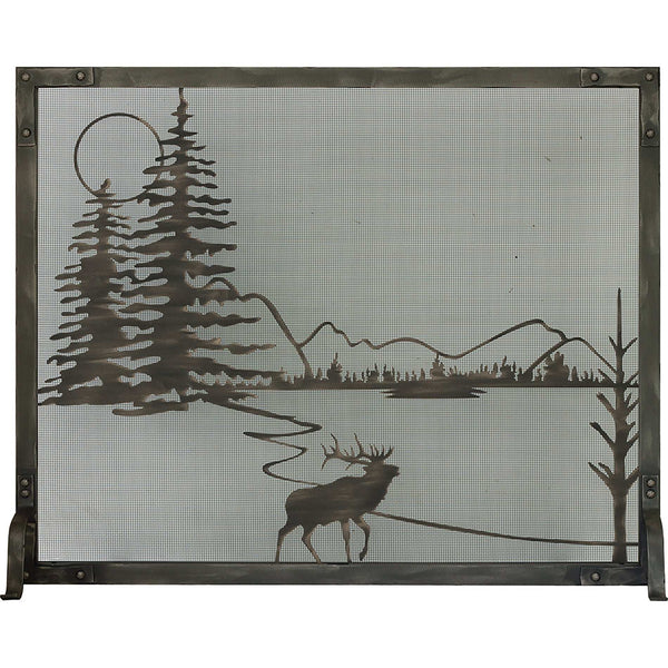 Free standing fireplace screen with burnished bronze frame and burnished copper design, heavy gauge mesh, solid steel frame