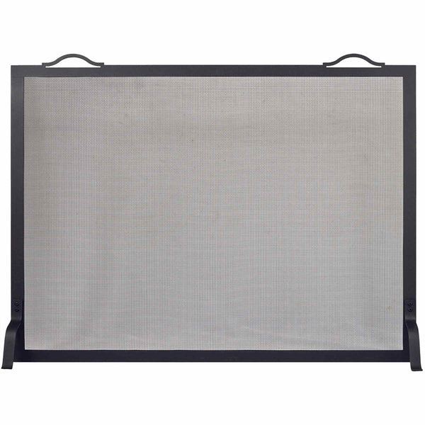 Custom free standing fireplace screen with textured black solid steel frame and heavy gauge mesh